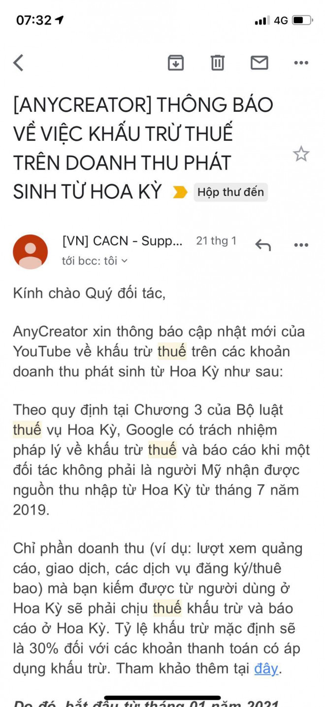 Thông báo được gửi đến các Youtuber Việt Nam về việc thu thuế YouTube tại Mỹ