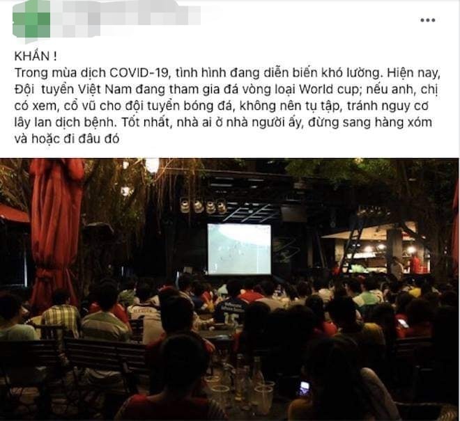 Hòa chung không khí sôi động trước giờ đội tuyển Việt Nam gặp đội tuyển Indonesia tại vòng loại 2 - bảng G&nbsp;World Cup 2022, nhưng người dùng mạng xã hội vẫn không quên kêu gọi nhau không tụ tập đông người nhằm phòng, chống dịch COVID-19.