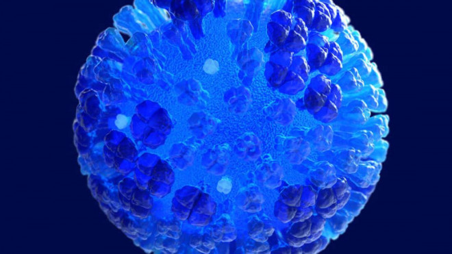 Bản vẽ 3D trên máy tính của toàn bộ virus cúm có màu xanh lam bán trong suốt với nền xanh nước biển