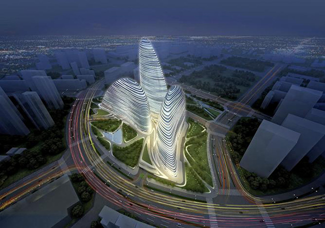 Soho Peaks - Trung Quốc: Soho Peaks là một khu phức hợp mua sắm và thương mại đa năng, được chia thành 3 tòa nhà với thiết kế hình học độc đáo mà kiến trúc sư Hadid mô tả là 'như một điệu nhảy của các hình khối'.

