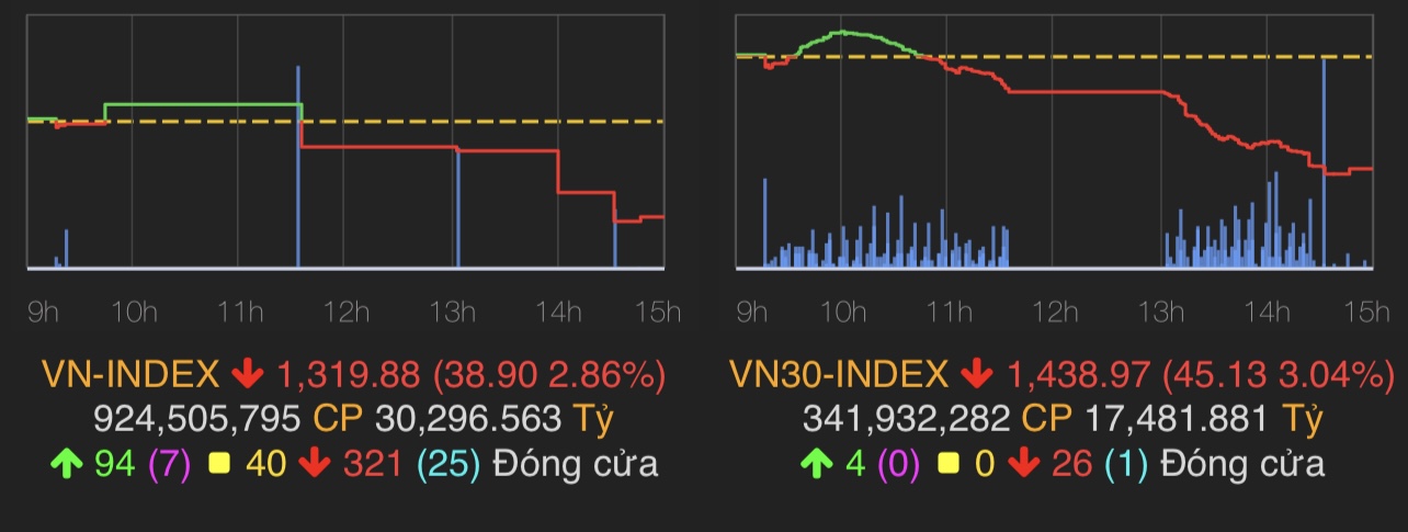 VN-Index giảm 38,9 điểm (-2,86%) xuống 1.319,88 điểm.