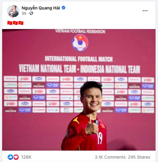 Bài đăng của Quang Hải thu hút hơn 126.000 lượt thích, thả tim.