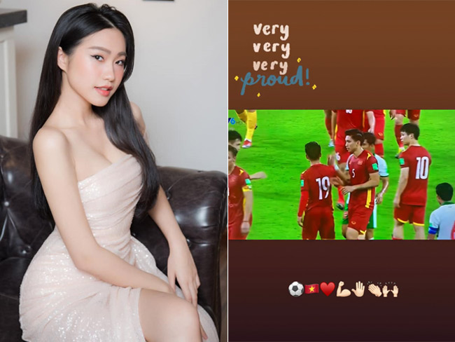 Trong đêm diễn ra trận đấu giữa tuyển Việt Nam - Indonesia (vòng loại World Cup 2022, diễn ra vào đêm 7/6 vừa qua), bạn gái tin đồn của Đoàn Văn Hậu - Doãn Hải My đã chia sẻ khoảnh khắc cầu thủ Văn Hậu trên sân cỏ và bày tỏ niềm tự hào. 
