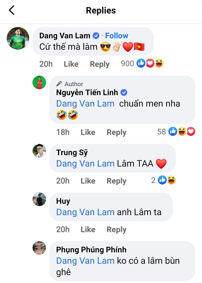Bình luận của Đặng Văn Lâm trên Facebook của Nguyễn Tiến Linh.