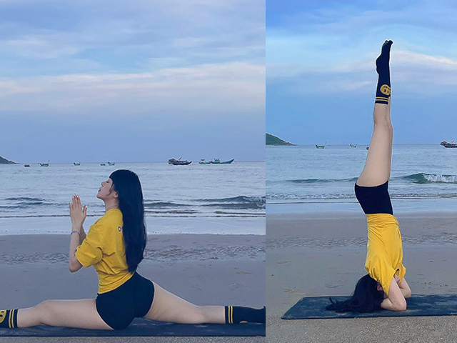 Thể thao - Hot girl Yoga Mai Sương mê mẩn xoạc chân, tạo dáng khó trên cát lún