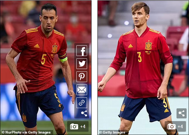 Sergio Busquets (trái) và Diego Llorente mắc Covid-19 khiến ĐT Tây Ban Nha bị cách ly sát thềm EURO 2021