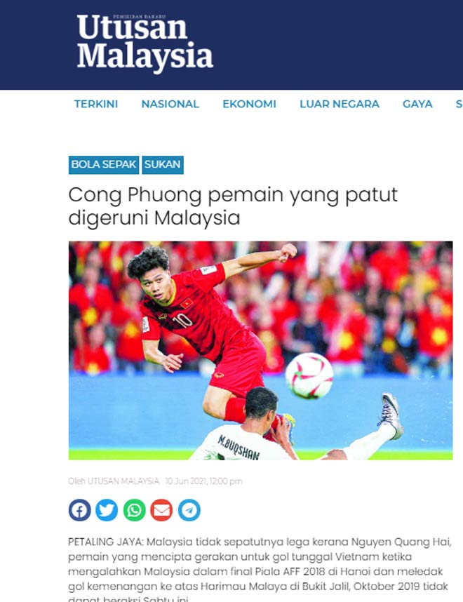 Nhật báo Utusan Malaysia cảnh báo đội bóng quê nhà về sự nguy hiểm của Công Phượng
