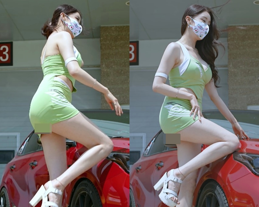 Trang phục quá ngắn khiến một người mẫu hớ hênh trong khi tạo dáng chụp hình.