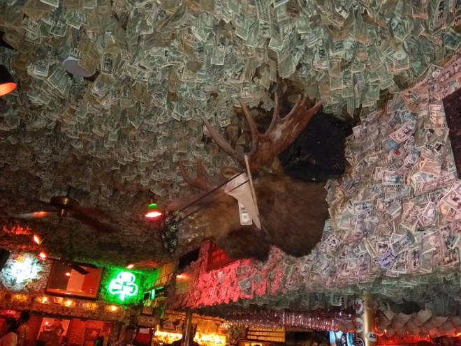 Mỗi tờ tiền được treo trên trần nhà của quán McGuire’s Irish Pub đều có chữ ký và các lỗ bấm ghim, nên rất khó tiêu thụ. Ảnh: Oddity Central