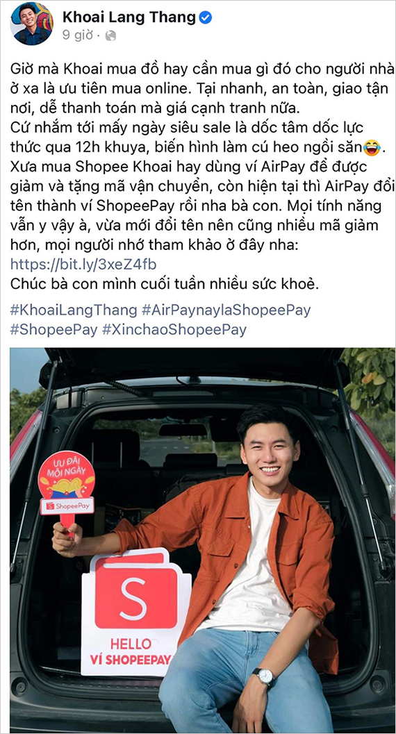 Khoai Lang Thang hào hứng chia sẻ thông tin AirPay nay đã đổi tên thành ShopeePay, mang đến nhiều ưu đãi hấp dẫn chờ người dùng khám phá