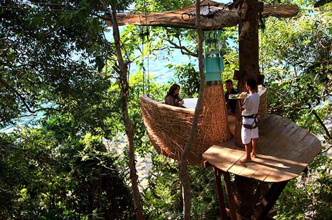 Soneva Kiri Eco Resort Thái Lan: Một trong những điều ấn tượng nhất về khách sạn này là nhà hàng trên cây rất ấn tượng, nơi các món ăn được phục vụ&nbsp;bằng ròng rọc.
