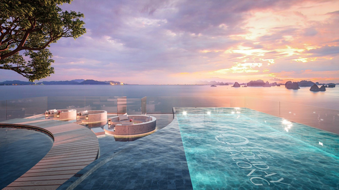 Trải nghiệm giữa bể bơi vô cực lớn nhất Hạ Long tại The Holiday Ha Long trong ánh bình minh trên vịnh kỳ quan