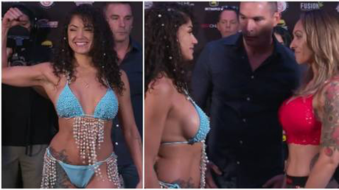 Pearl Gonzalez (trái) mặc bikini trong buổi họp báo trước trận