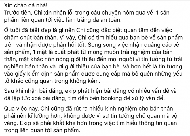 Quảng cáo kẹo trắng da, Phương Mỹ Chi nhận lỗi - 3