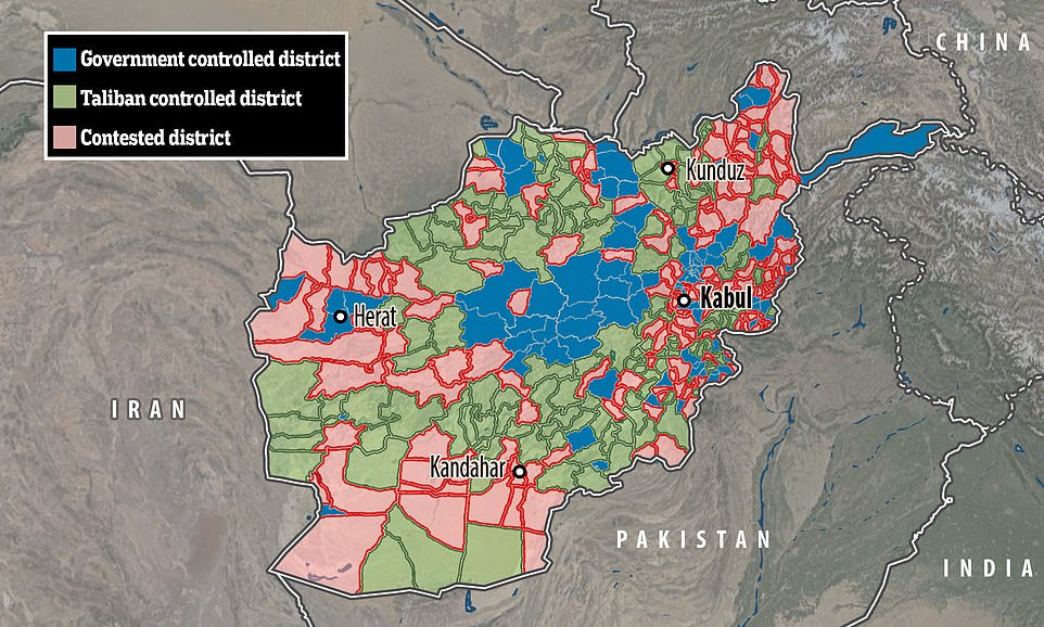 Vùng màu xanh lá do Taliban kiểm soát và màu hồng là khu vực giao tranh.