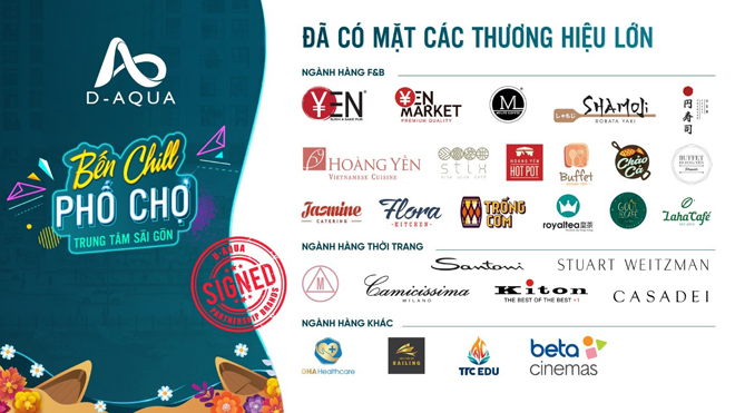 Hơn 30 thương hiệu dịch vụ danh tiếng đã ký kết đặt cửa hàng tại D-Aqua, đem đến giá trị sống và đầu tư tối ưu cho khách hàng, đồng thời tạo sức hút lớn cho sản phẩm shophouse.