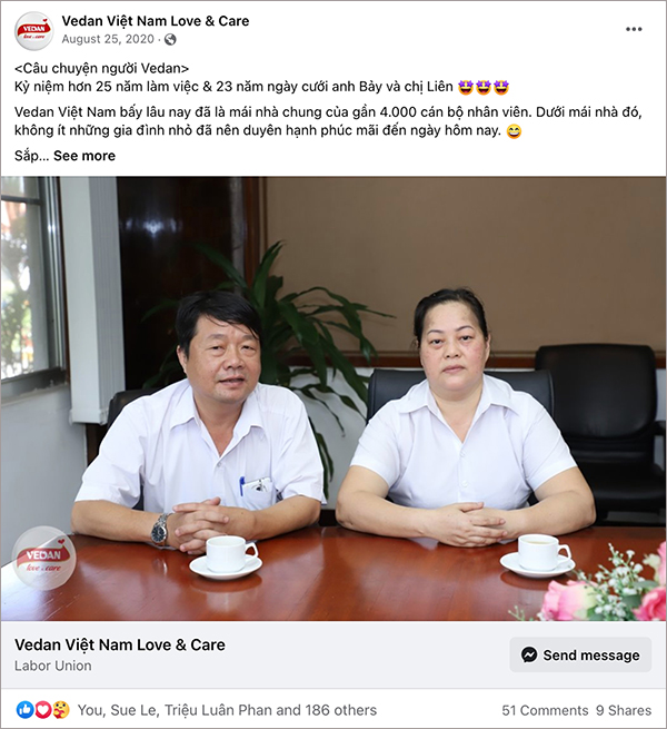 “Câu chuyện người Vedan” - chuyên mục được quan tâm nhiều nhất trên fanpage - với những câu chuyện công tác đầy cảm hứng của các CBCNV lâu năm. Đơn cử như mối lương duyên 23 năm của anh Bảy và chị Liên.