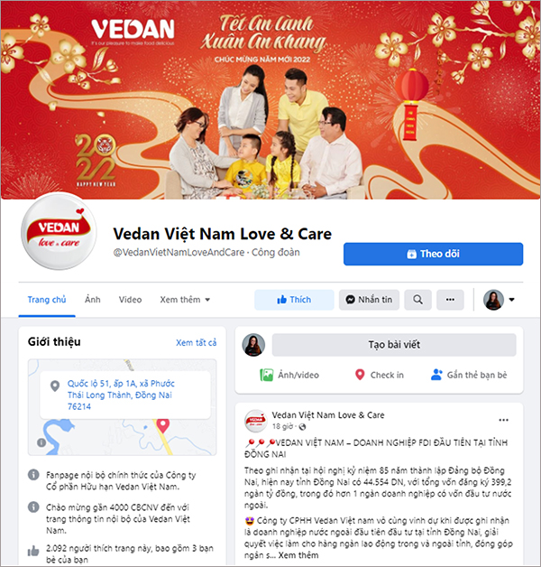 Hình ảnh trang chủ fanpage nội bộ “Vedan Việt Nam Love &amp; Care”