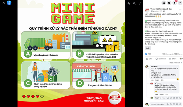 Minigame mới nhất về chủ đề Sống Xanh trên fanpage Vedan Việt Nam Love &amp; Care nhận được hơn 140 lượt chia sẻ chỉ sau 1 ngày đăng tải