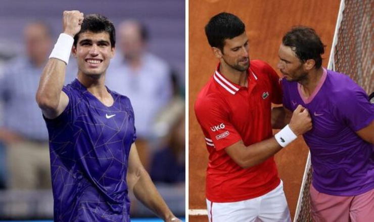Alcaraz (trái) "đe dọa" hai người đàn anh Djokovic (áo đỏ) và Nadal (áo tím)