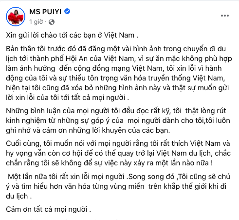Nữ du khách đăng đàn xin lỗi bằng Tiếng Việt trên trang facebook cá nhân.