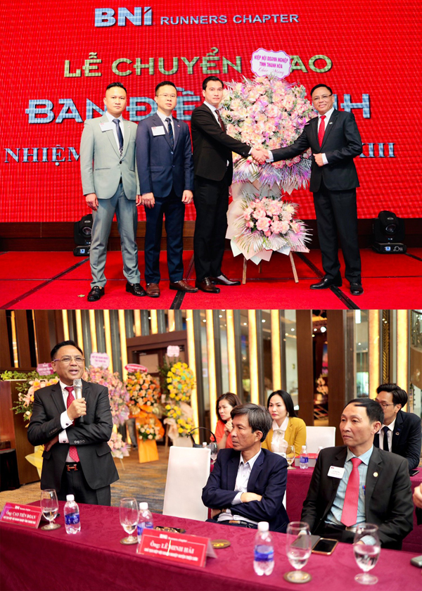 Ông Cao Tiến Đoan - Chủ tịch hiệp hội doanh nghiệp tỉnh Thanh Hóa tặng hoa chúc mừng ban lãnh đạo nhiệm kỳ 13