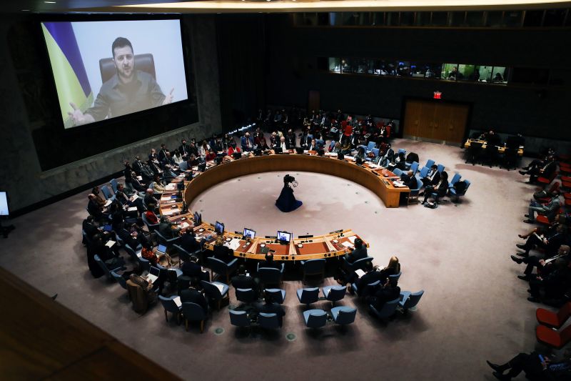 Ông Zelensky phát biểu trực tuyến tại Hội đồng Bảo an Liên Hợp Quốc.