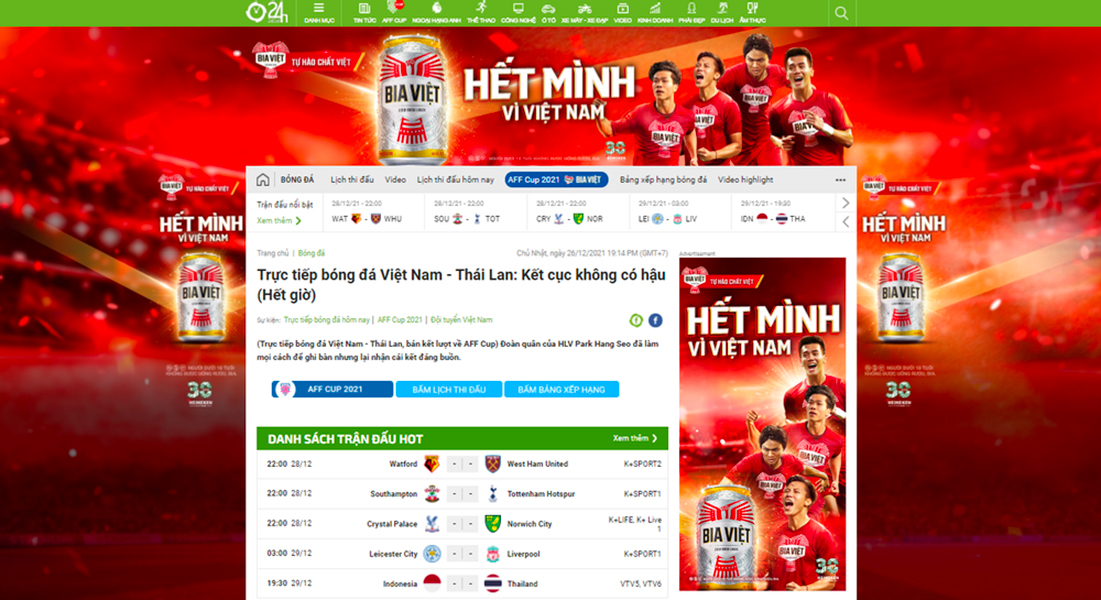 Bia Việt liên kết với website24h.com.vn trong giải đấu AFF Cup