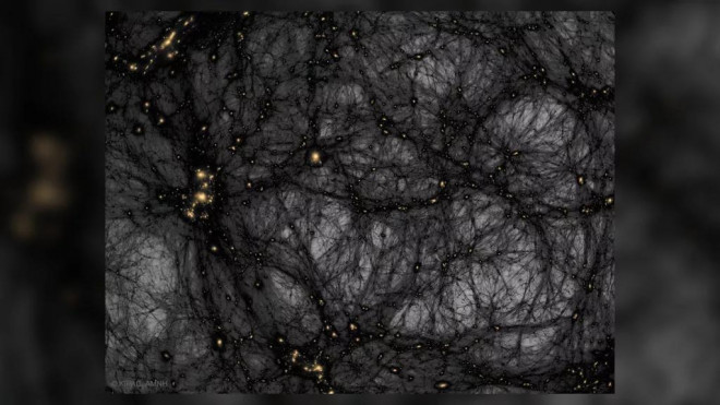 Ảnh chụp được đồ họa thêm từ Chương trình Vũ trụ tối của Cung thiên văn Hayden, Bảo tàng Lịch sử tự nhiên Mỹ cho thấy vật chất tối tồn tại quanh chúng ta như những sợi màu đen ma quái, bao vây mọi thứ trong không gian. Ảnh: Tom Abel &amp; Ralf Kaehler (KIPAC, SLAC), AMNH