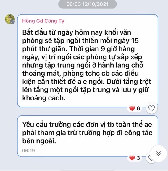 Một tin nhắn được gửi trên nhóm Zalo công ty về việc ngồi thiền