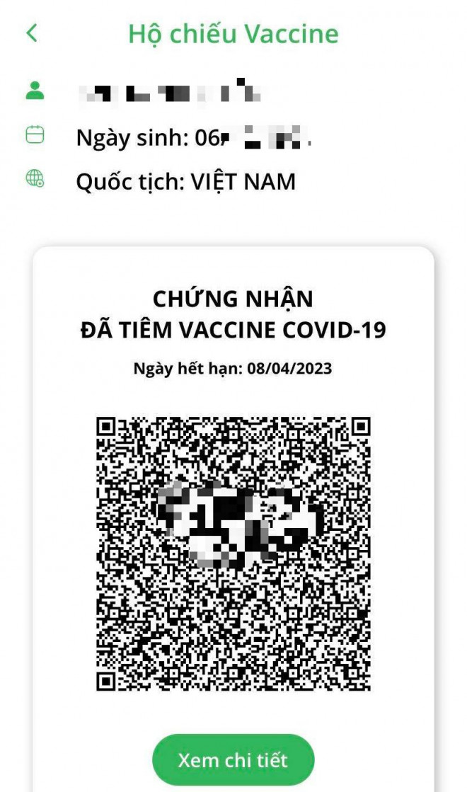 Hộ chiếu vắc-xin của người dân được hiển thị trên ứng dụng PC-Covid