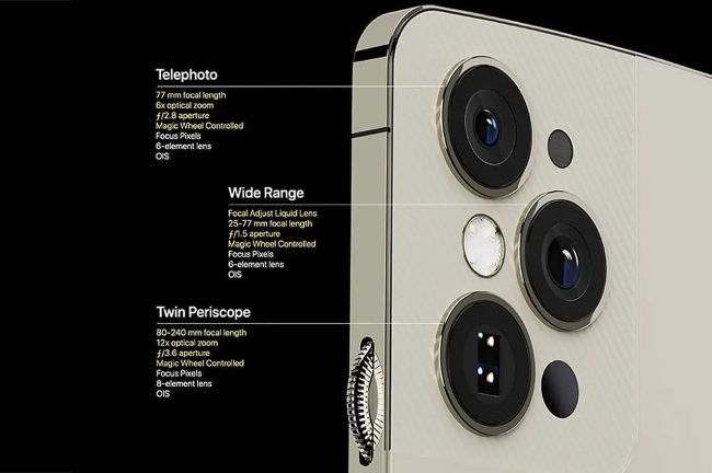 Ý tưởng iPhone 15 mô tả một mô-đun ba camera có phần lồi nhẹ so với thân máy và bao gồm một camera tele, góc rộng và một camera kính tiềm vọng kép.

