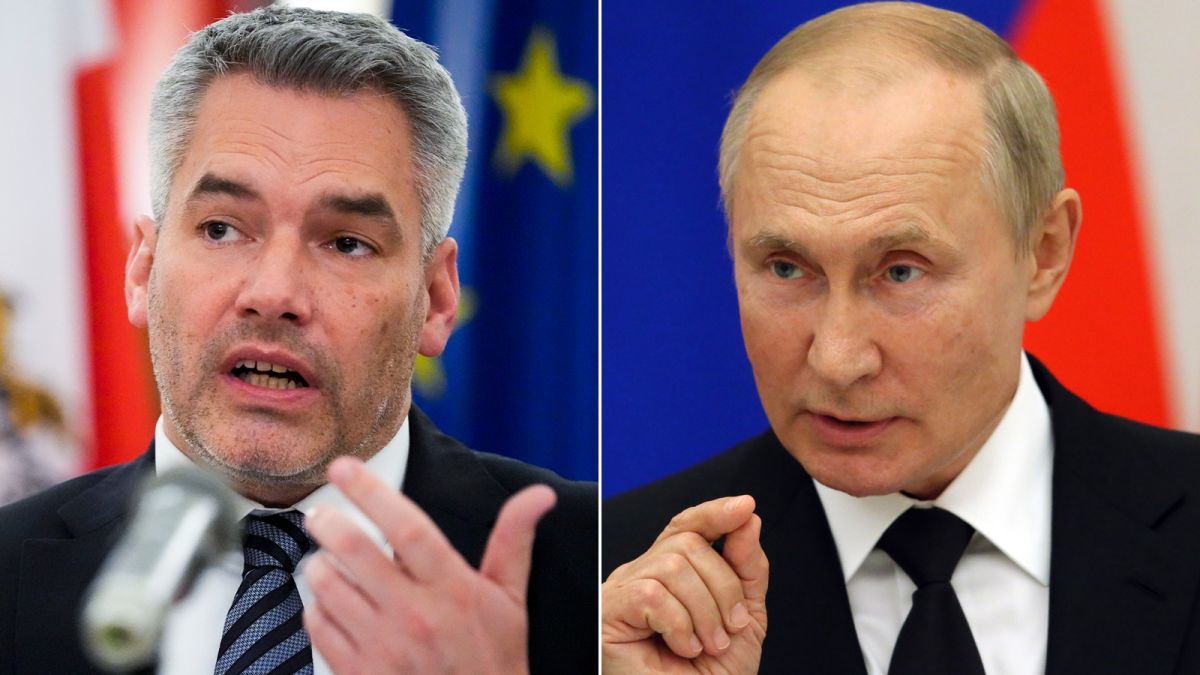 Thủ tướng Áo Karl Nehammer (trái) cho biết ông Putin đảm bảo Nga sẽ tiếp tục cung cấp khí đốt cho Áo và Vienna có thể thanh toán khí đốt bằng đồng euro. Ảnh: CNN