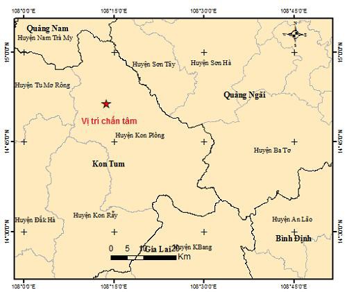 Vị trí tâm chấn nơi xảy ra liên tiếp các trận động đất tại huyện Kon Plông (Kon Tum)