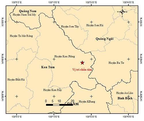 Tâm chấn động đất tại tỉnh Kon Tum - Ảnh: Viện Vật lý địa cầu