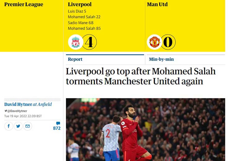 Bài viết của tờ The Guardian: "Salah lại tra tấn MU"
