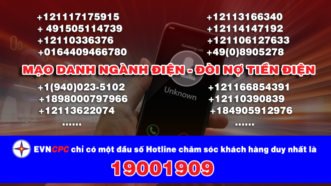 Hình ảnh minh họa: EVNCPC cảnh báo khách hàng về các số điện thoại giả mạo lừa đảo khách hàng