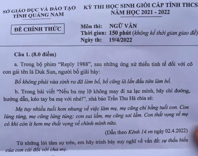 Nguyên văn câu 1, đề thi học sinh giỏi môn Văn tỉnh Quảng Nam đang được dư luận quan tâm.