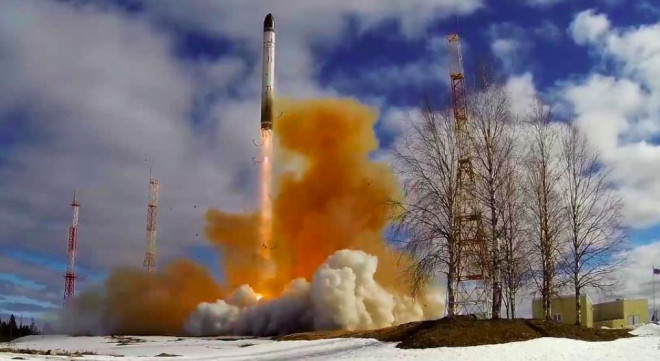 Nga thử thành công tên lửa đạn đạo xuyên lục địa RS-28 Sarmat từ Sân bay vũ trụ Plesetsk, ở vùng Arkhangelsk, ngày 21-4. Ảnh Sputnik