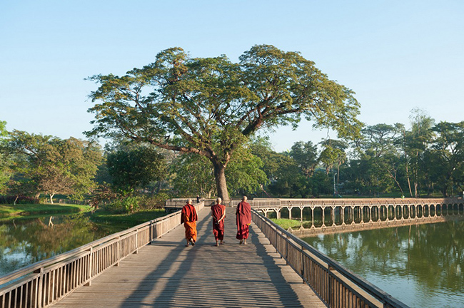 Hồ Kandawgyi là một phong cảnh rất đẹp và hút khách ở Yangon, thành phố lớn nhất của Myanmar. Đây là hình ảnh các nhà sư dạo quanh hồ Kandawgyi.

