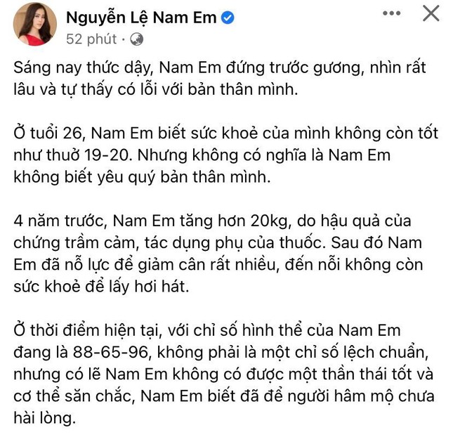 Việc Nam Em cố giảm cân tới mức không còn sức khỏe để hát khiến người hâm mộ xót xa. Ảnh: FBNV