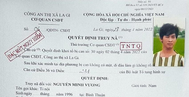 Quyết định truy nã Nguyễn Minh Vương của Công an thị xã La Gi.