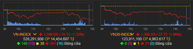 VN-Index giảm 18,12 điểm (-1,33%) xuống 1.348,68 điểm.