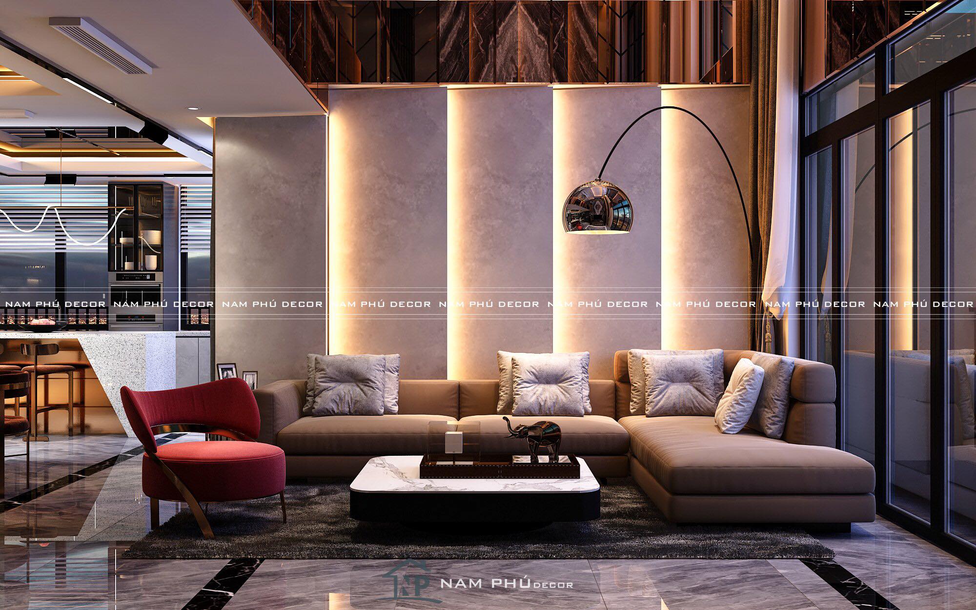 Có thể thấy, căn hộ nhấn mạnh đến sự sang trọng, hiện đại qua việc sử dụng các loại đá và nội thất đắt tiền nhưng vẫn toát lên sự ấm áp và nam tính.