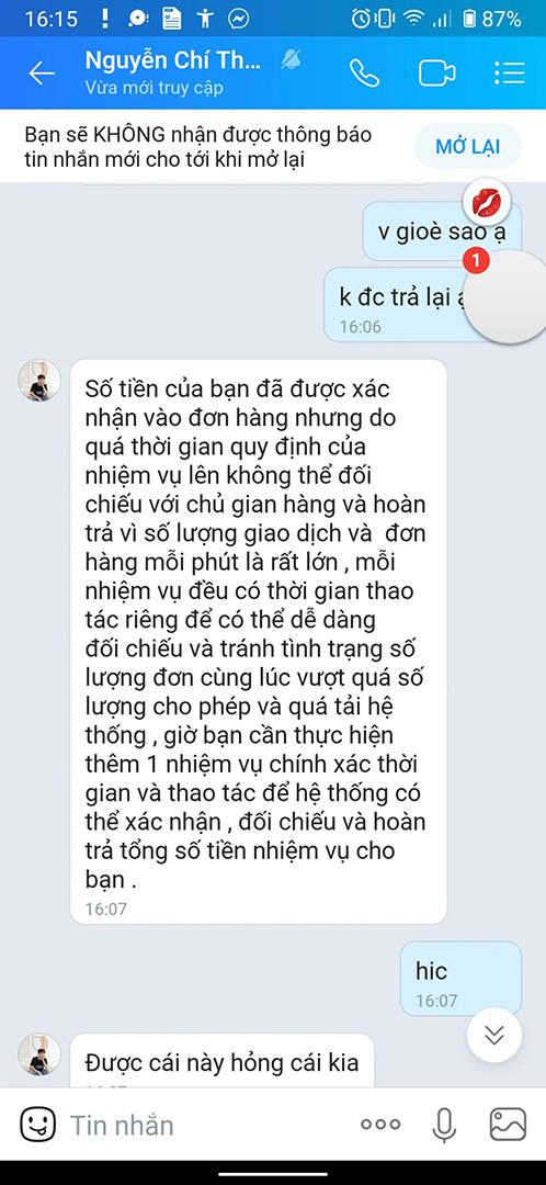 Em L. được yêu cầu nạp tiền để thực hiện thêm nhiệm vụ thì mới được hoàn trả lại tiền giao dịch trước đó
