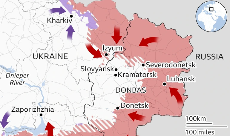 Bản đồ chiến sự ở Ukraine (ảnh: BBC)