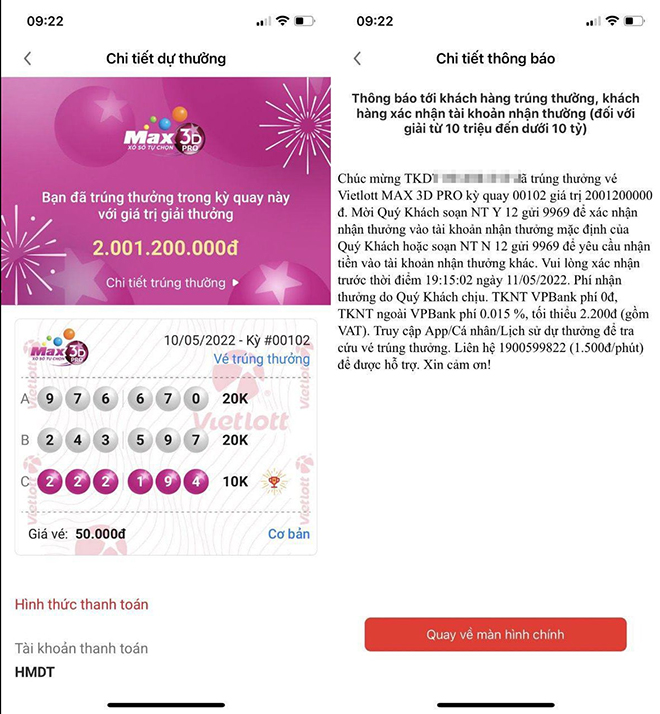 Một thuê bao Vinaphone tại Phú Thọ tham gia mua vé qua Vietlott SMS trúng 2 tỷ đồng của Max 3D Pro.