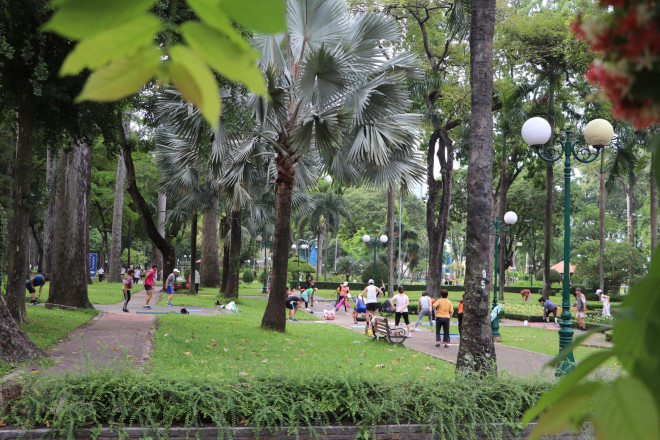 Mỗi sáng, những mảng xanh trong thành phố được người dân sử dụng để "tưới mát" tinh thần và thể lực