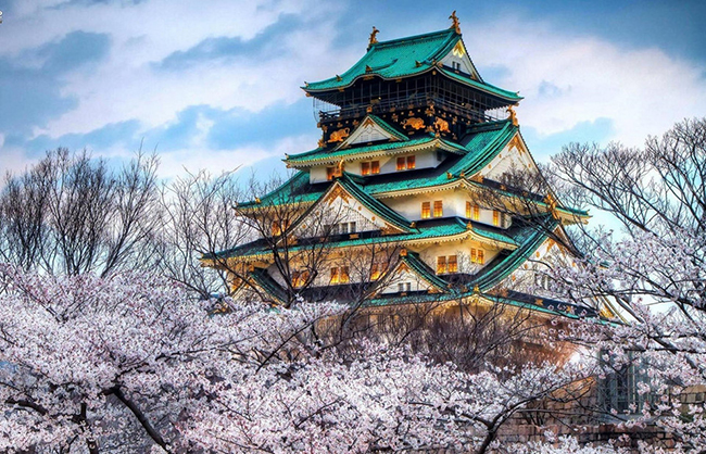 Đi du lịch vào mỗi mùa nghĩa là bạn sẽ chọn cho mình một thời điểm riêng, khác biệt mà chỉ mùa đó mới có trong năm đó. Hình ảnh lâu đài Osaka lộng lẫy. 
