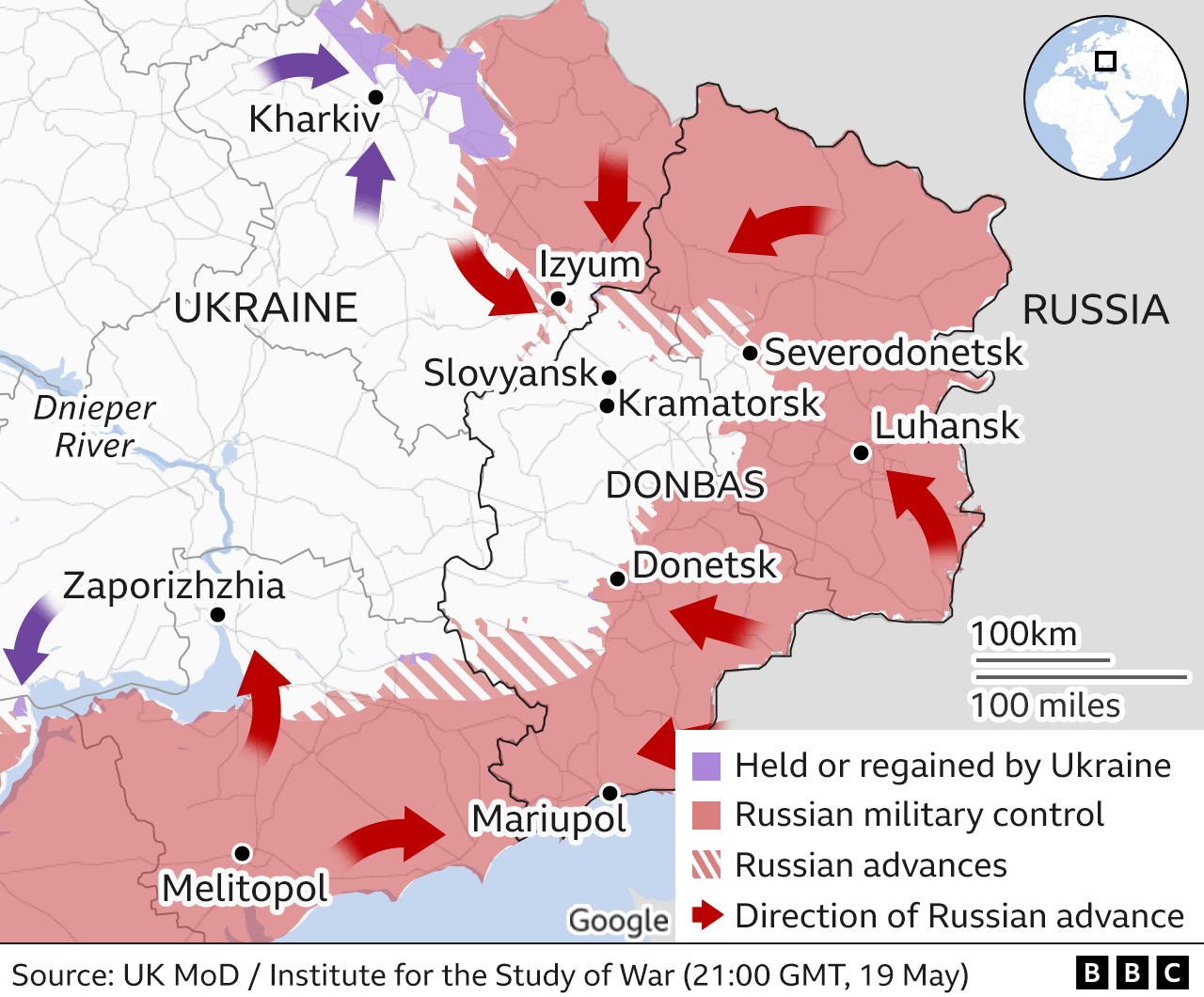 Lược đồ chiến sự ở miền đông và miền nam Ukraine (ảnh: BBC)